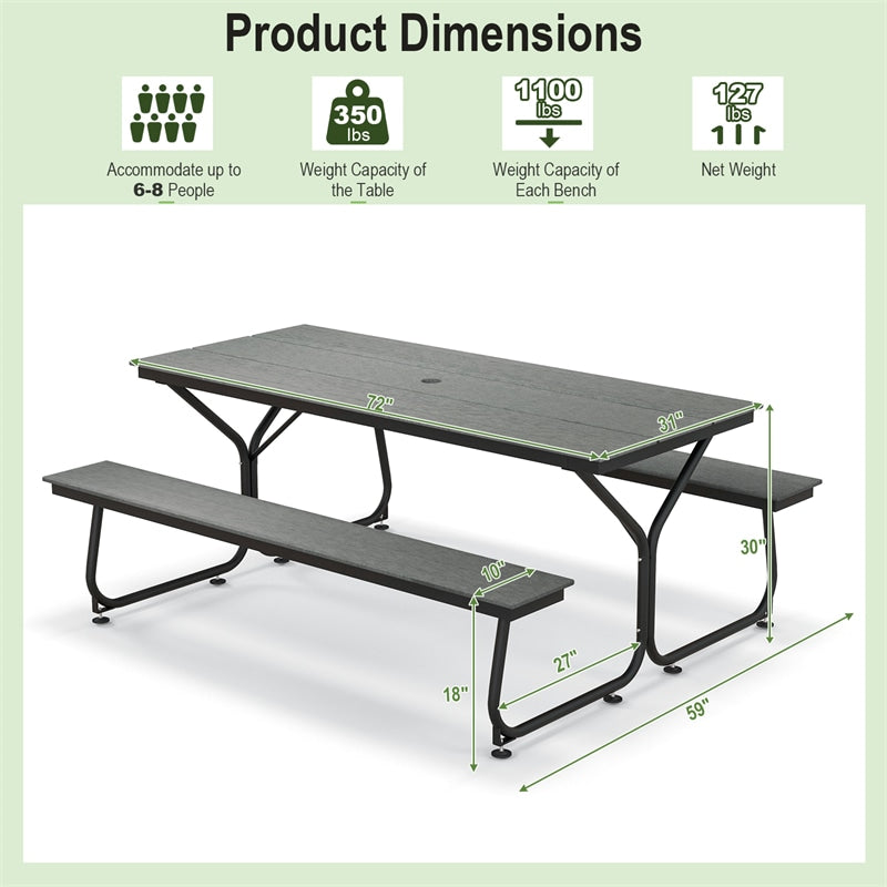 6FT Outdoor Picnic Table Bench Set All-Weather Heavy-Duty HDPE Picnic Table for 6-8 Person with Umbrella Hole, 2 Benches, 2550LBS Capacity