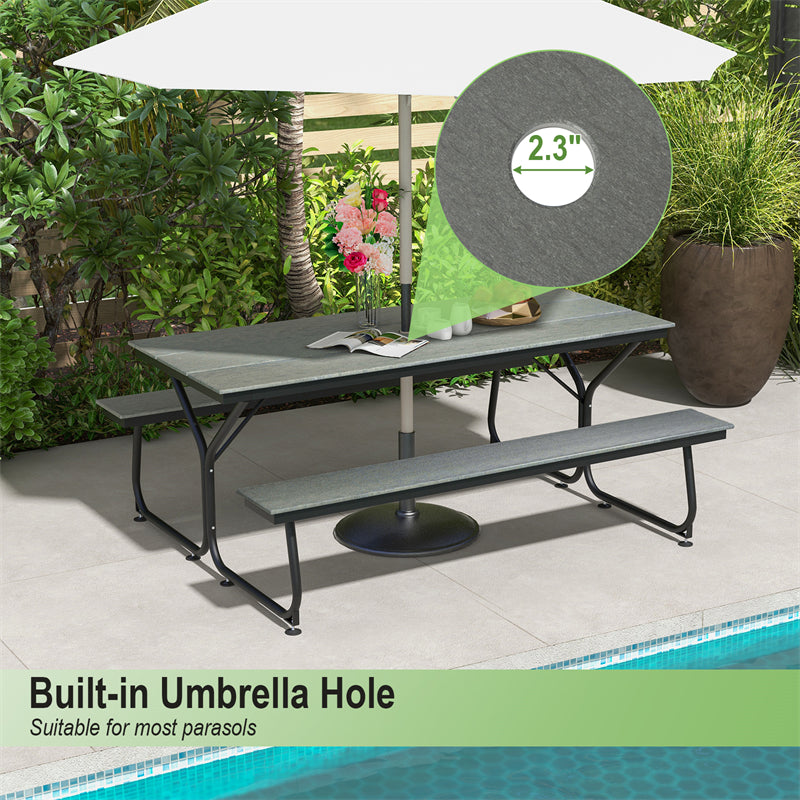 6FT Outdoor Picnic Table Bench Set All-Weather Heavy-Duty HDPE Picnic Table for 6-8 Person with Umbrella Hole, 2 Benches, 2550LBS Capacity