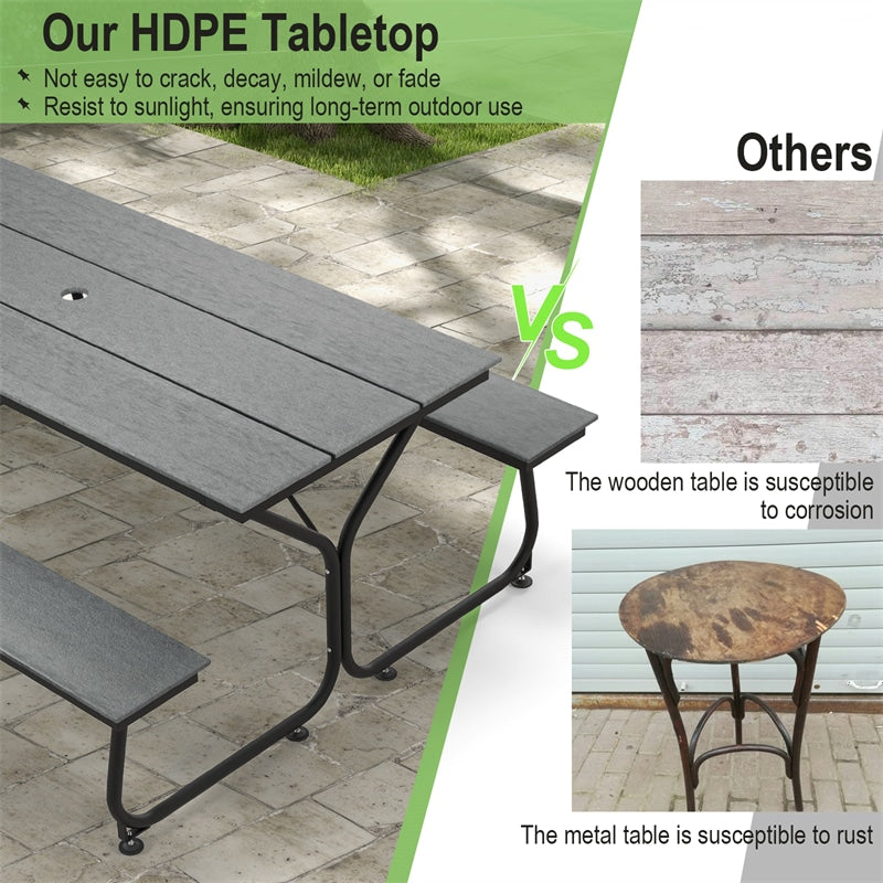 6FT Outdoor Picnic Table Bench Set All-Weather Heavy-Duty HDPE Picnic Table for 6-8 Person with Umbrella Hole, 2 Benches, 2550LBS Capacity