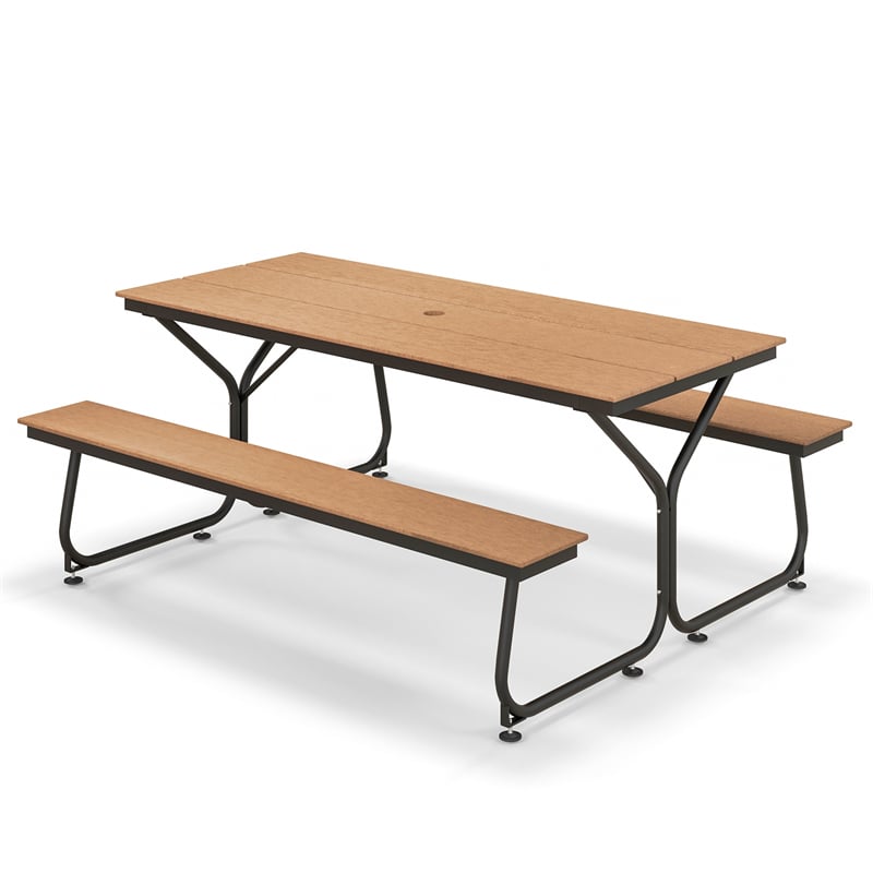 6FT Outdoor Picnic Table Bench Set All-Weather Heavy-Duty HDPE Picnic Table for 6-8 Person with Umbrella Hole, 2 Benches, 2550LBS Capacity