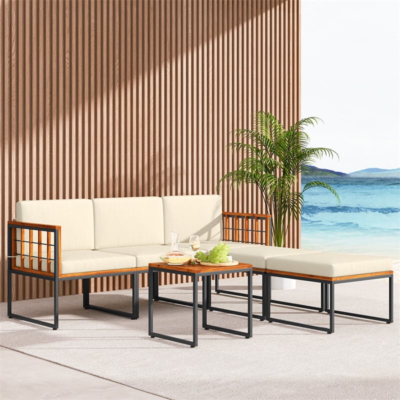 6 Piece Acacia Wood Patio Furniture Set Outdoor Sectional Sofa Modular Conversation Set with Coffee Table, Cushions & Ottomans