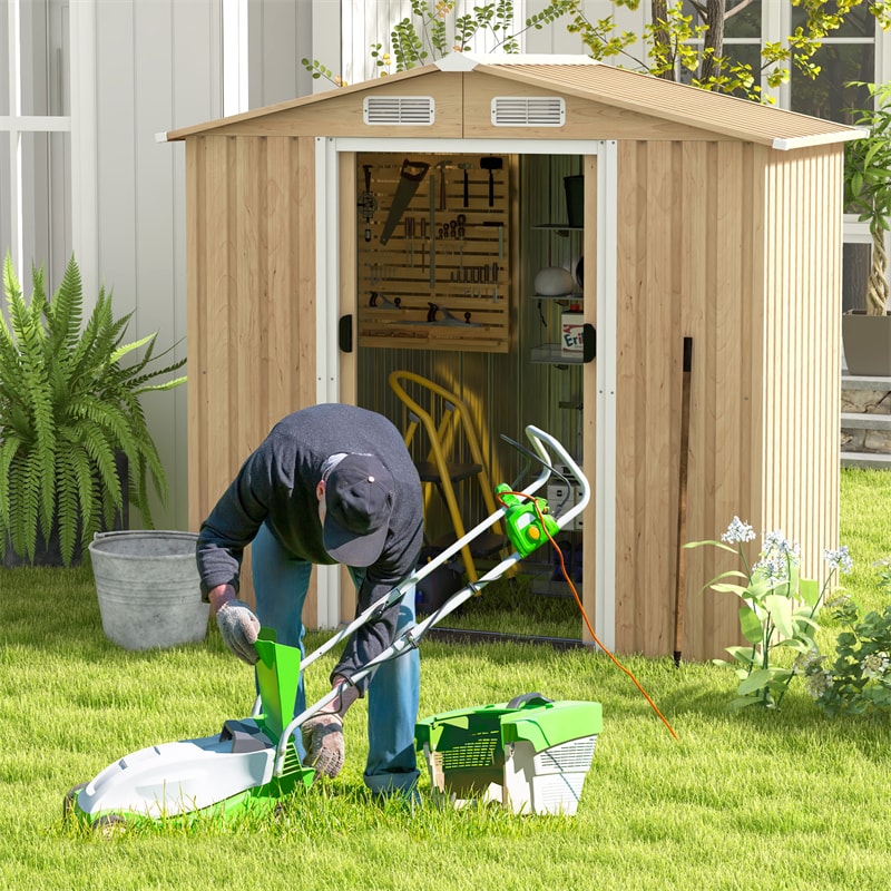 6 x 4 FT Outdoor Storage Shed Galvanized Steel Garden Tool Shed with Lockable Double Sliding Door