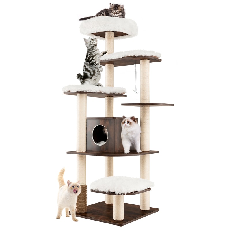 71" Tall Wood Cat Tree Modern Multi-Level Cat Tree Tower with Plush Perch, Cozy Condo, Scratching Posts, Cushions & Cat Self Groomer