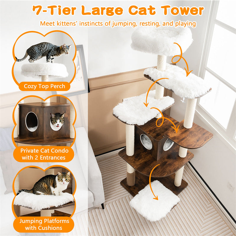 71" Tall Wood Cat Tree Modern Multi-Level Cat Tree Tower with Plush Perch, Cozy Condo, Scratching Posts, Cushions & Cat Self Groomer