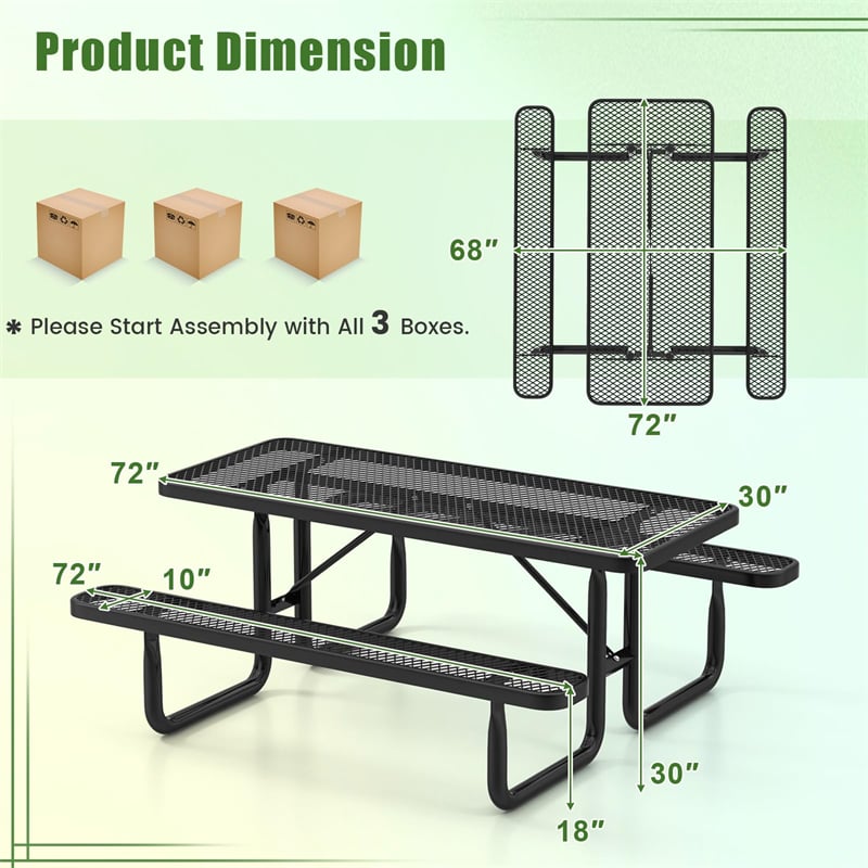 72" Expanded Metal Picnic Table Bench Set for 8, Large Rectangular Outdoor Dining Table Thermoplastic Coated Steel Commercial Picnic Table for Garden