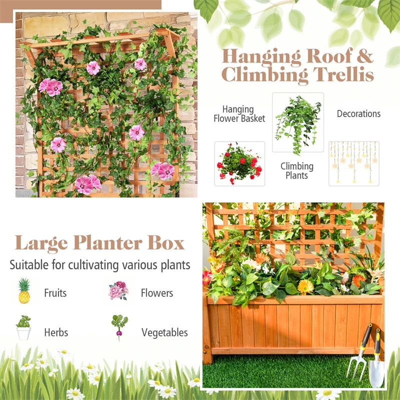 72.5" Raised Garden Bed Freestanding Wood Planter Box with Trellis & Roof for Plant Flower Climbing Pot Hanging