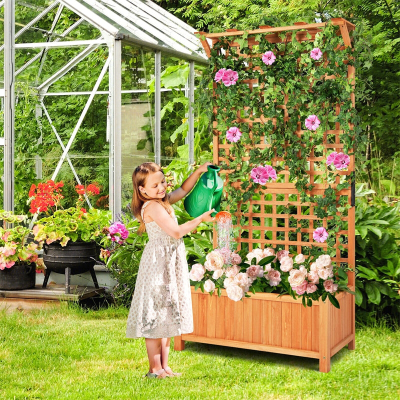 72.5" Raised Garden Bed Freestanding Wood Planter Box with Trellis & Roof for Plant Flower Climbing Pot Hanging