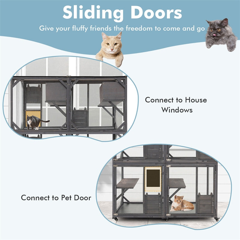 72" Tall Catio Outdoor Cat Enclosure Large Wooden Cat House Walk-in Cat Condo Cage Kitten Playpen on Wheels with Weatherproof Asphalt Roof