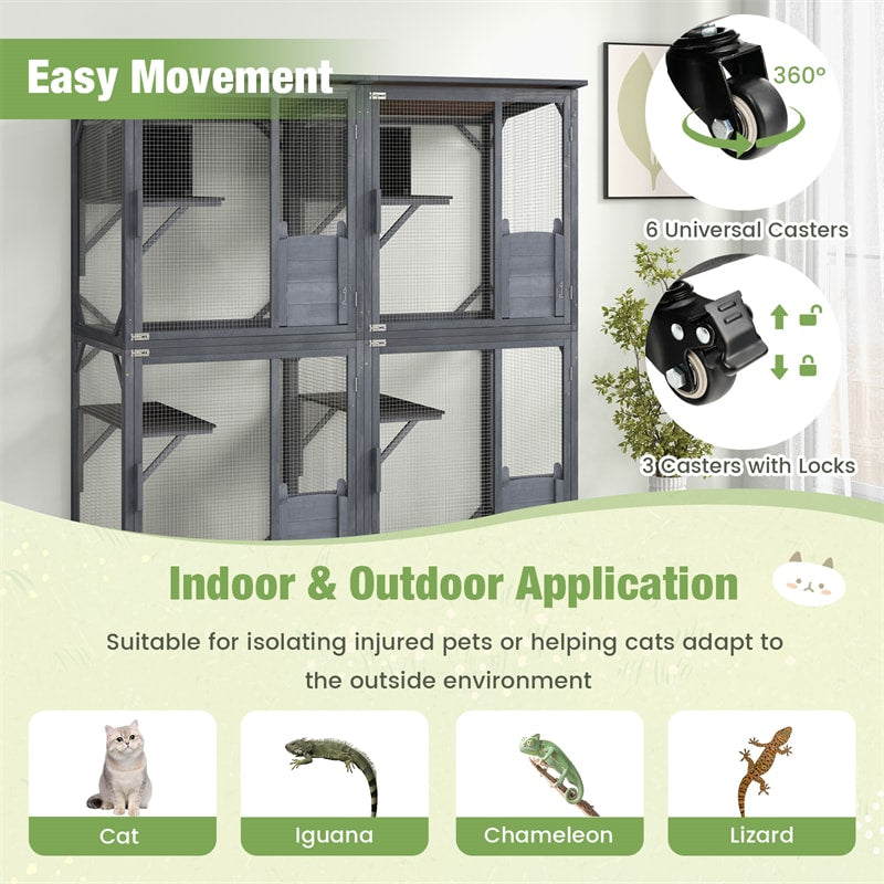 72" Tall Catio Outdoor Cat Enclosure Large Wooden Cat House Walk-in Cat Condo Cage Kitten Playpen on Wheels with Weatherproof Asphalt Roof