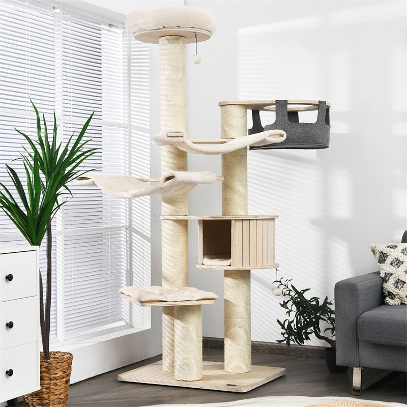 77.5" Tall Modern Cat Tree Multi-Level Large Cat Tower with Cat Condo, Hammocks, Hanging Basket, Scratching Post & Removable Pads