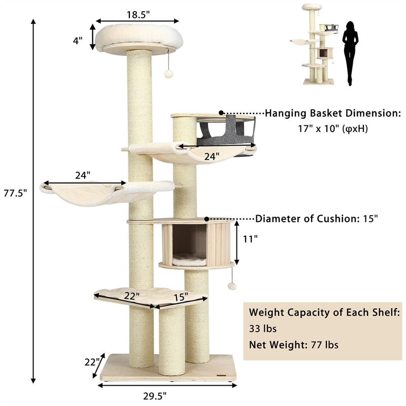 77.5" Tall Modern Cat Tree Multi-Level Large Cat Tower with Cat Condo, Hammocks, Hanging Basket, Scratching Post & Removable Pads