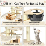 77.5" Tall Modern Cat Tree Multi-Level Large Cat Tower with Cat Condo, Hammocks, Hanging Basket, Scratching Post & Removable Pads