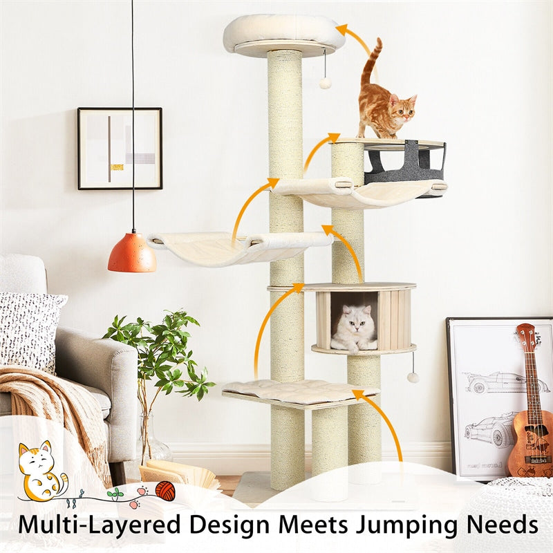 77.5" Tall Modern Cat Tree Multi-Level Large Cat Tower with Cat Condo, Hammocks, Hanging Basket, Scratching Post & Removable Pads