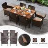 7 Piece Outdoor Wicker Dining Set Patio Rattan Dining Furniture Set with Acacia Wood Table, Umbrella Hole, 6 Stackable Chairs, Cushions