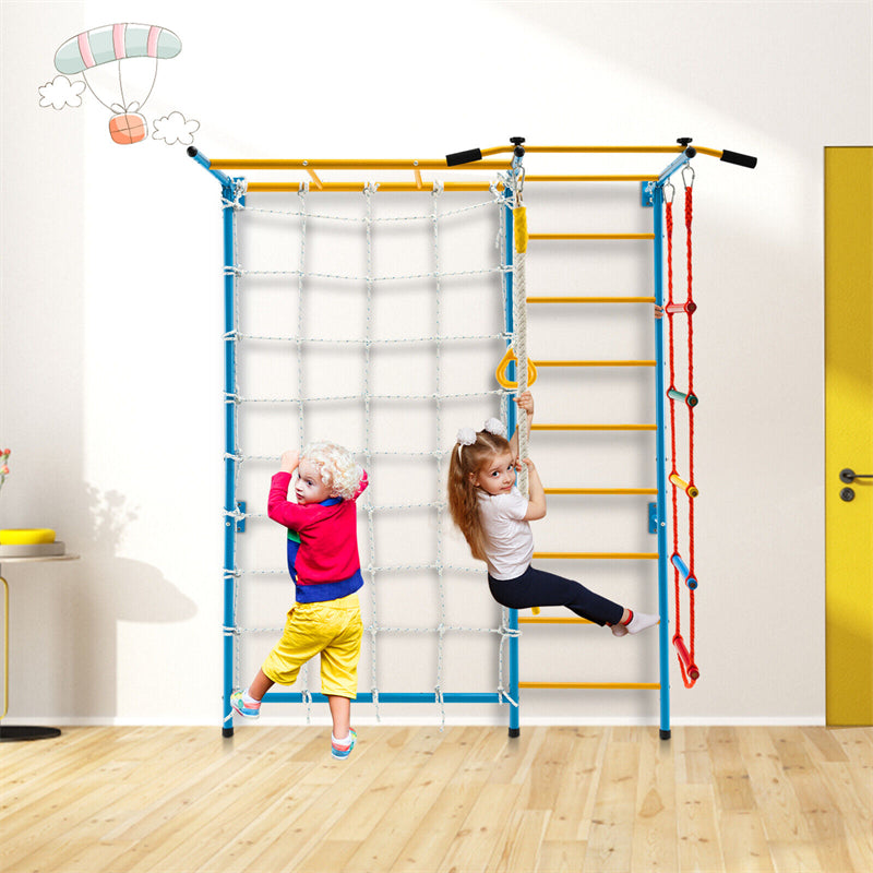 7-in-1 Indoor Jungle Gym Kids Steel Playground Swedish Ladder Wall Set Toddler Climbing Toys with Pull-up Bar & Gymnastic Rings