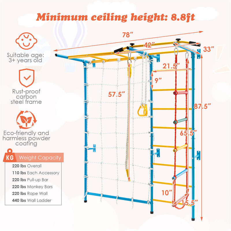 7-in-1 Indoor Jungle Gym Kids Steel Playground Swedish Ladder Wall Set Toddler Climbing Toys with Pull-up Bar & Gymnastic Rings