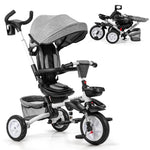 7 in 1 Folding Baby Tricycle Toddler Bike Stroller with Adjustable Canopy, Removable Push Handle, Rotatable Seat