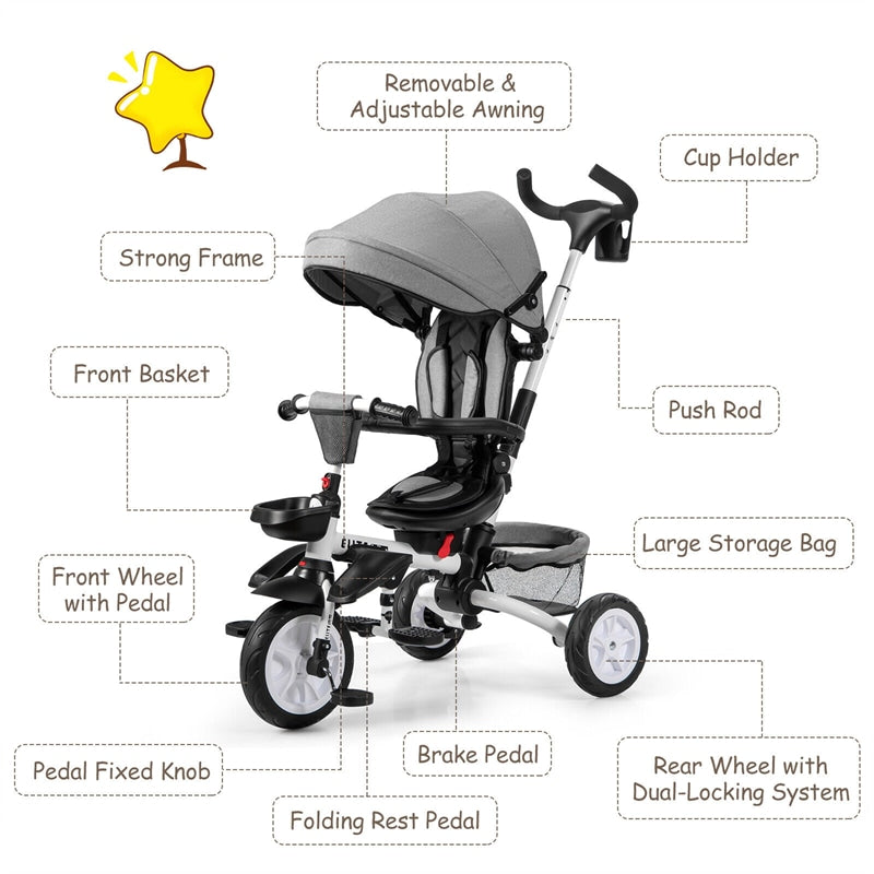 7 in 1 Folding Baby Tricycle Toddler Bike Stroller with Adjustable Canopy, Removable Push Handle, Rotatable Seat