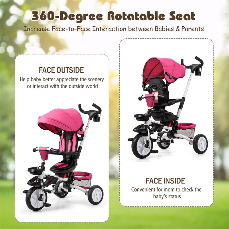 7 in 1 Folding Baby Tricycle Toddler Bike Stroller with Adjustable Canopy, Removable Push Handle, Rotatable Seat