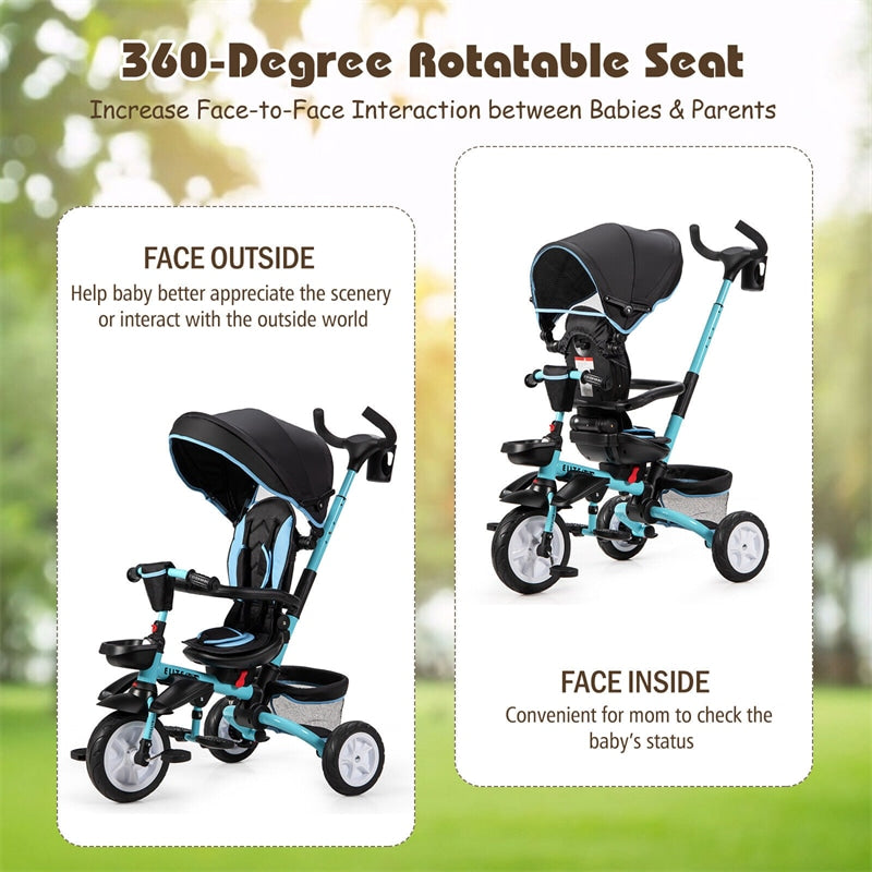 7 in 1 Folding Baby Tricycle Toddler Bike Stroller with Adjustable Canopy, Removable Push Handle, Rotatable Seat