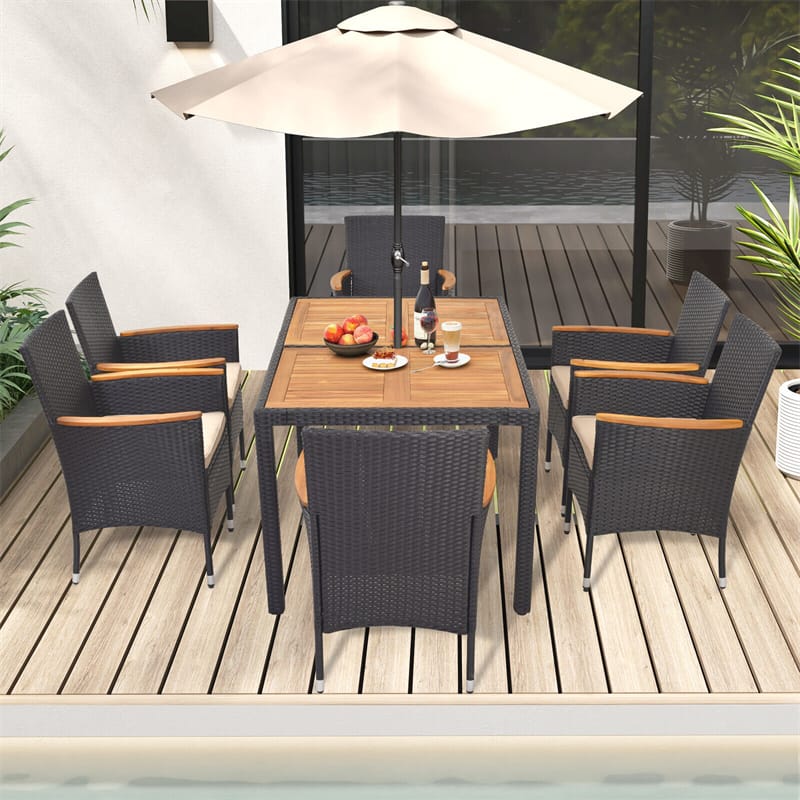 7-Piece Outdoor Dining Set for 6, Patio Conversation Set Rattan Wicker Dining Table Chair Set with Umbrella Hole Acacia Wood Tabletop & Seat Cushions