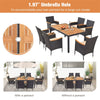 7-Piece Outdoor Dining Set for 6, Patio Conversation Set Rattan Wicker Dining Table Chair Set with Umbrella Hole Acacia Wood Tabletop & Seat Cushions