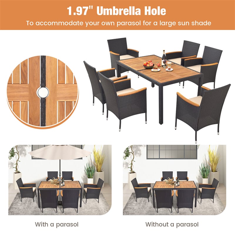 7-Piece Outdoor Dining Set for 6, Patio Conversation Set Rattan Wicker Dining Table Chair Set with Umbrella Hole Acacia Wood Tabletop & Seat Cushions