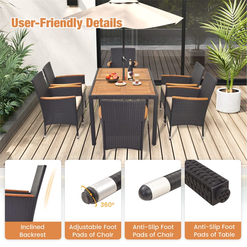 7-Piece Outdoor Dining Set for 6, Patio Conversation Set Rattan Wicker Dining Table Chair Set with Umbrella Hole Acacia Wood Tabletop & Seat Cushions