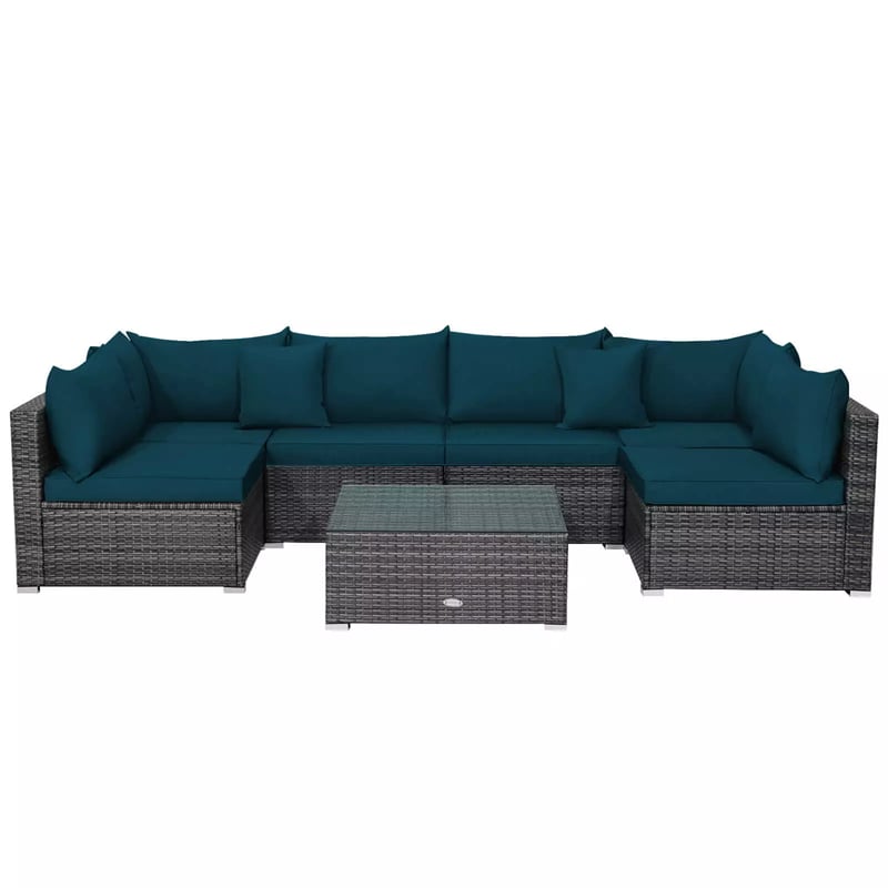 7 Piece Outdoor PE Rattan Sectional Sofa Set Modular Patio Furniture Set with Seat & Back Cushions, 2 Throw Pillows, Coffee Table