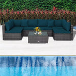 7 Piece Outdoor PE Rattan Sectional Sofa Set Modular Patio Furniture Set with Seat & Back Cushions, 2 Throw Pillows, Coffee Table