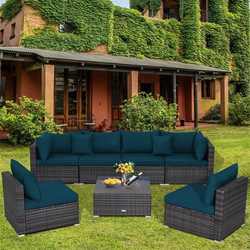 7 Piece Outdoor PE Rattan Sectional Sofa Set Modular Patio Furniture Set with Seat & Back Cushions, 2 Throw Pillows, Coffee Table