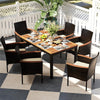 7 Piece PE Rattan Patio Dining Set Acacia Wood Wicker Outdoor Dining Table Set for 6 with Stackable Wicker Chairs, Umbrella Hole & Cushions