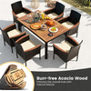 7 Piece PE Rattan Patio Dining Set Acacia Wood Wicker Outdoor Dining Table Set for 6 with Stackable Wicker Chairs, Umbrella Hole & Cushions