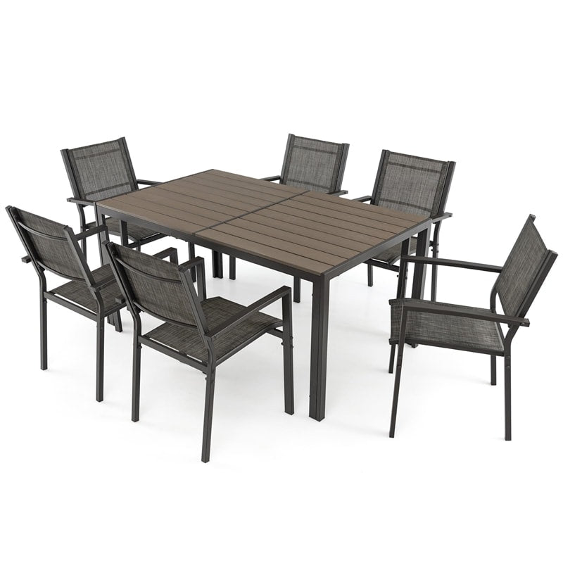 7 Piece Outdoor Dining Set for 6, Metal Frame Patio Furniture Set with 6 Stackable Chairs & Large Rectangle Dining Table for Garden Backyard