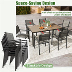 7 Piece Outdoor Dining Set for 6, Metal Frame Patio Furniture Set with 6 Stackable Chairs & Large Rectangle Dining Table for Garden Backyard