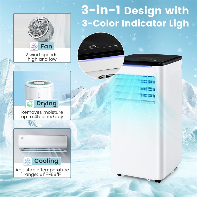 8000 BTU Portable Air Conditioner 3-in-1 AC Unit for Room up to 250 Sq.Ft with Cool Fan Dehumidifier Sleep Mode, Remote Control & Window Kit