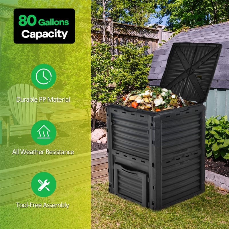 80 Gallon Outdoor Compost Bin Garden Fertilizer Barrel Grass Food Trash Composter Barrel with Top Flip Latch-on Lid & Bottom Exit Door