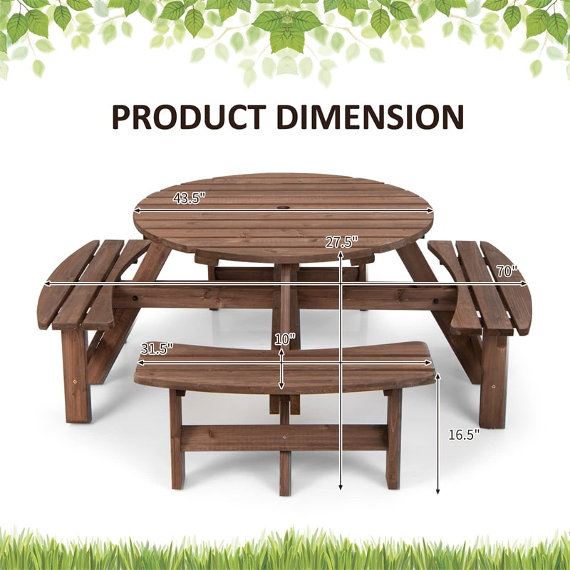 8-Person Wood Picnic Table Bench Set Outdoor Round Picnic Table with Umbrella Hole, 4 Built-in Benches, 500lbs Capacity Per Bench for Garden Yard