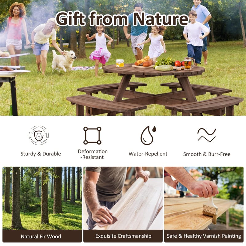 8-Person Wood Picnic Table Bench Set Outdoor Round Picnic Table with Umbrella Hole, 4 Built-in Benches, 500lbs Capacity Per Bench for Garden Yard