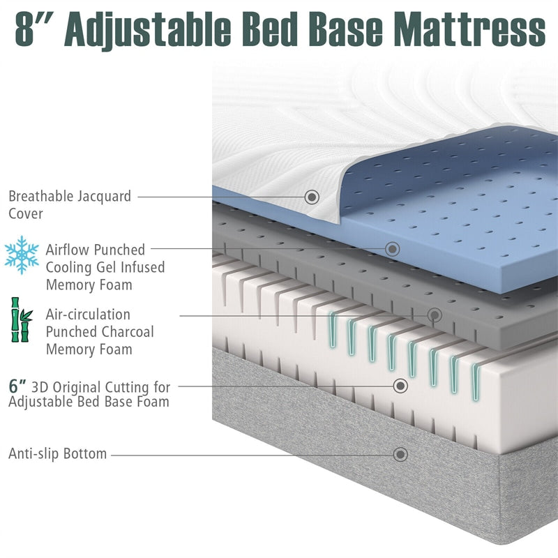 8" Twin XL Adjustable Bed Mattress 3D Cutting Convoluted Foam Mattress for Adjustable Bed Frame, Cool Gel Memory Foam Mattress CertiPUR-US Certified