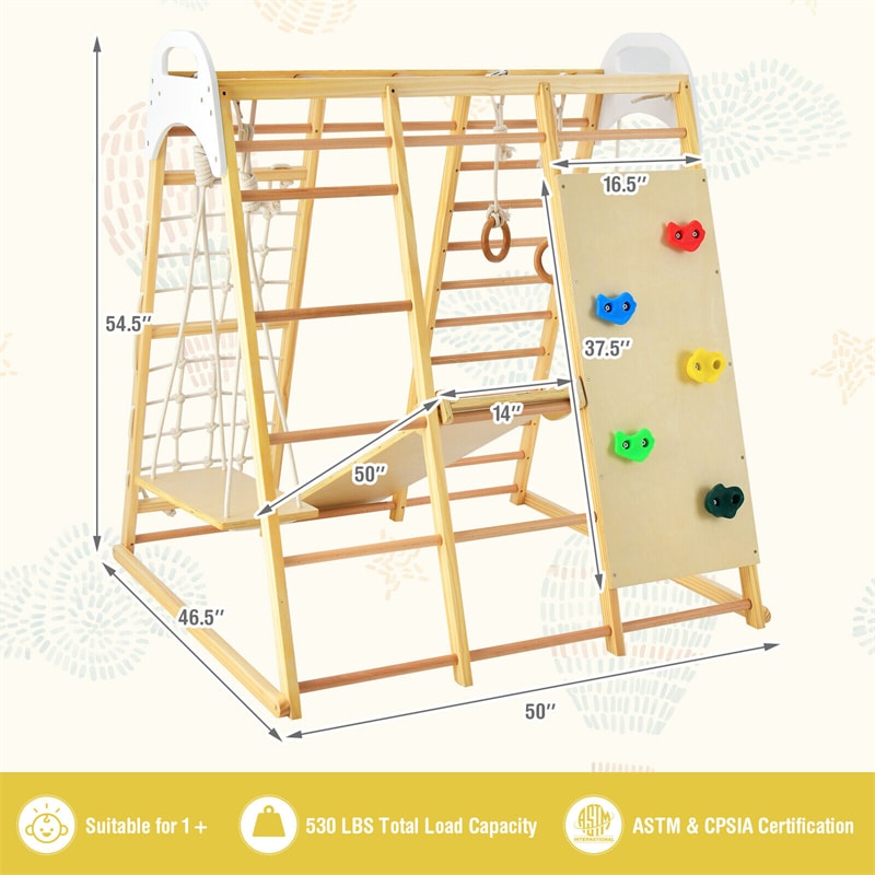 8-in-1 Wooden Montessori Climbing Toys Indoor Jungle Gym with Slide, Gymnastic Rings, Toddler Playground Climber Climber