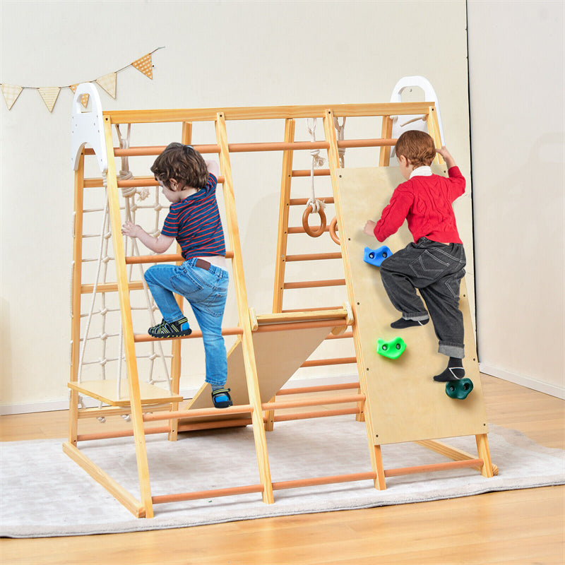 8-in-1 Wooden Montessori Climbing Toys Indoor Jungle Gym with Slide, Gymnastic Rings, Toddler Playground Climber Climber