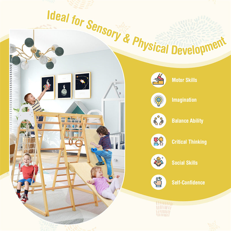 8-in-1 Wooden Montessori Climbing Toys Indoor Jungle Gym with Slide, Gymnastic Rings, Toddler Playground Climber Climber