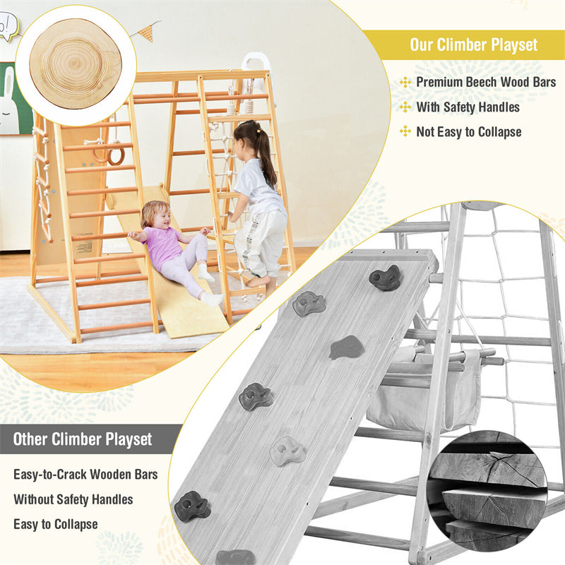 8-in-1 Wooden Montessori Climbing Toys Indoor Jungle Gym with Slide, Gymnastic Rings, Toddler Playground Climber Climber