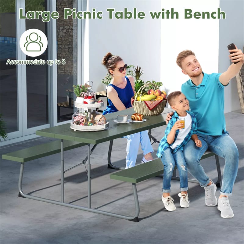 6FT Folding Picnic Table Bench Set 8 Person Large Outdoor Picnic Table with Umbrella Hole, All-Weather HDPE Tabletop & 2 Built-in Benches