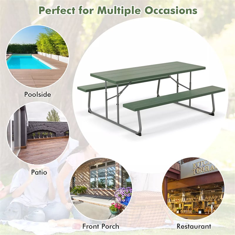 6FT Folding Picnic Table Bench Set 8 Person Large Outdoor Picnic Table with Umbrella Hole, All-Weather HDPE Tabletop & 2 Built-in Benches