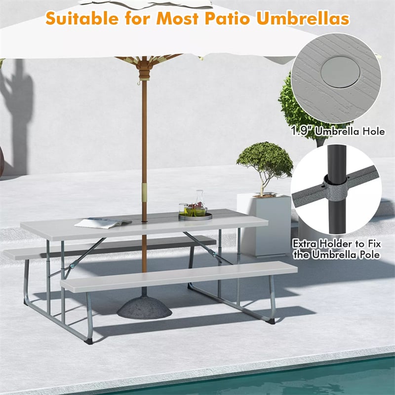 6FT Folding Picnic Table Bench Set 8 Person Large Outdoor Picnic Table with Umbrella Hole, All-Weather HDPE Tabletop & 2 Built-in Benches