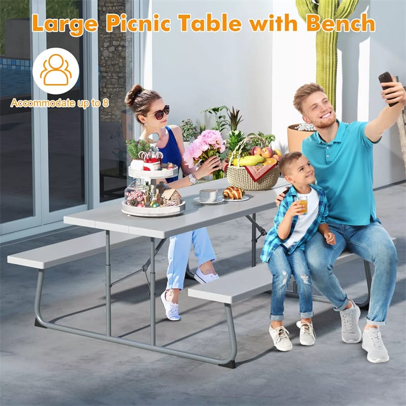 6FT Folding Picnic Table Bench Set 8 Person Large Outdoor Picnic Table with Umbrella Hole, All-Weather HDPE Tabletop & 2 Built-in Benches