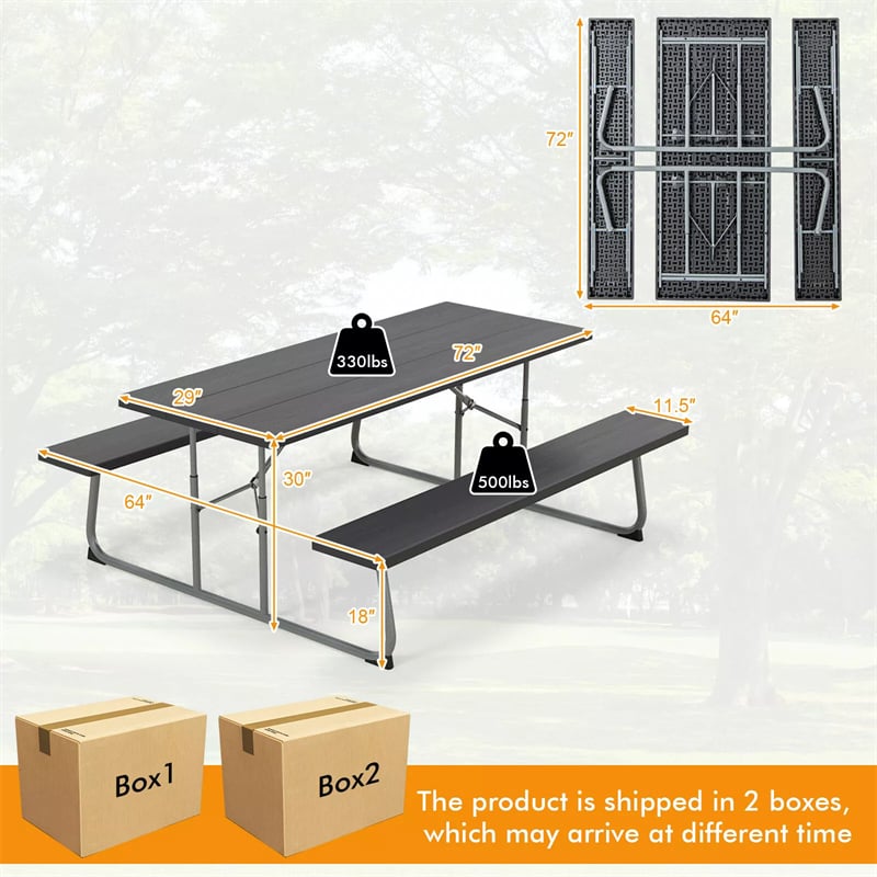 6FT Folding Picnic Table Bench Set 8 Person Large Outdoor Picnic Table with Umbrella Hole, All-Weather HDPE Tabletop & 2 Built-in Benches