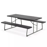 6FT Folding Picnic Table Bench Set 8 Person Large Outdoor Picnic Table with Umbrella Hole, All-Weather HDPE Tabletop & 2 Built-in Benches